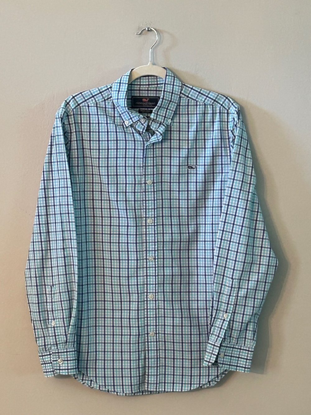 Vineyard Vines Blue Plaid Button Down Whale Shirt Preppy Coastal Nautical Sz S